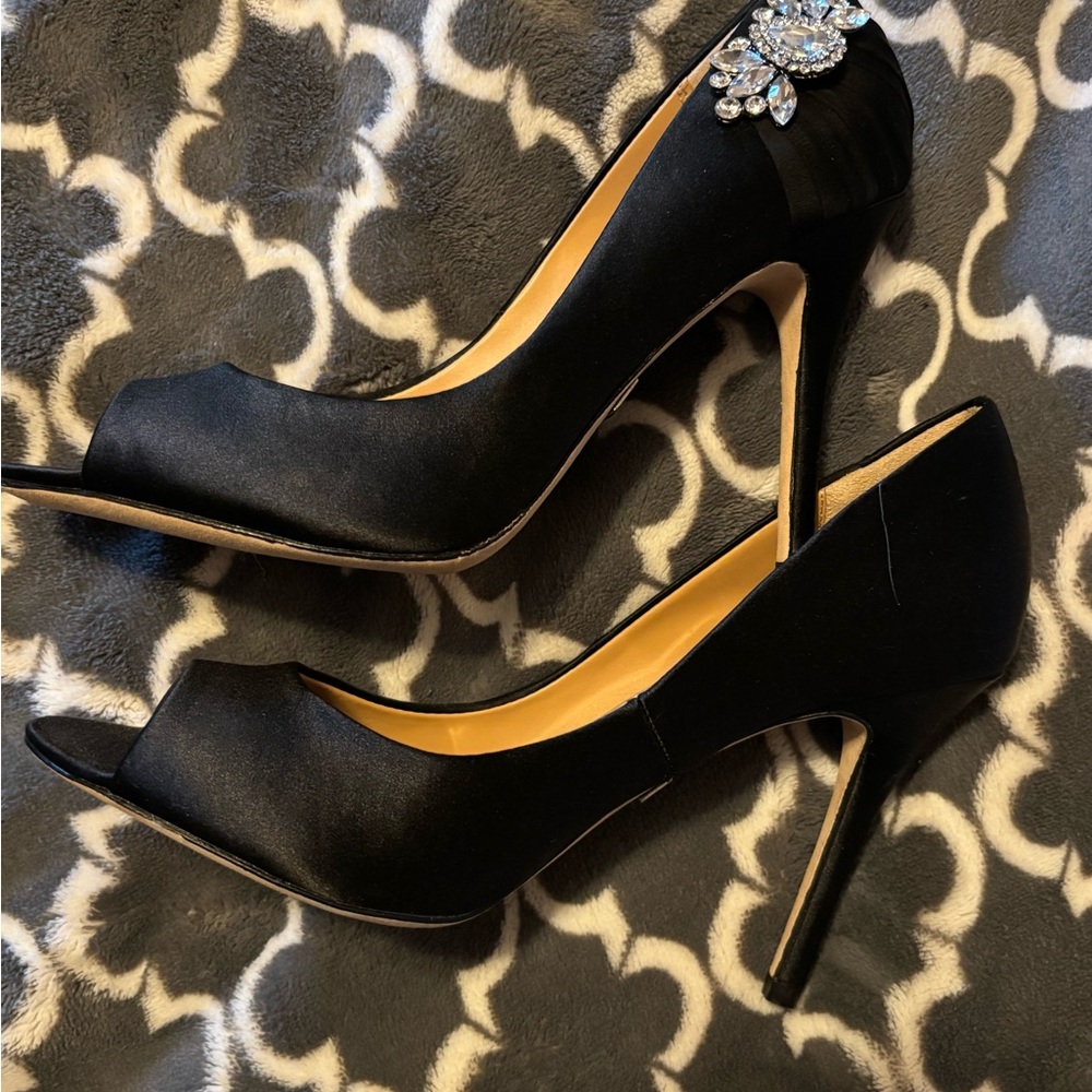 Badgley Mischka open toe satin pumps jeweled